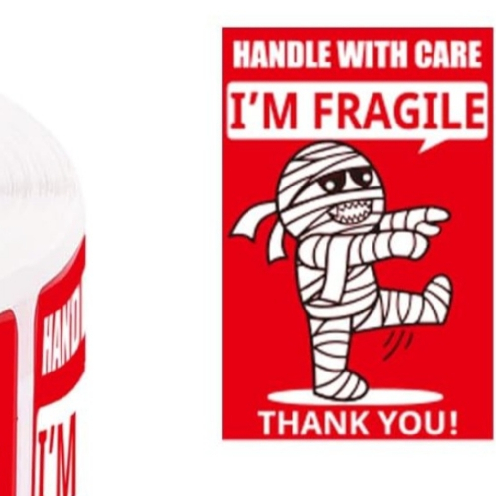 Funny Fragile Labels - Mummy & Dog - 120 count - 3" x 2" - Red Black White - Picture 3 of 6